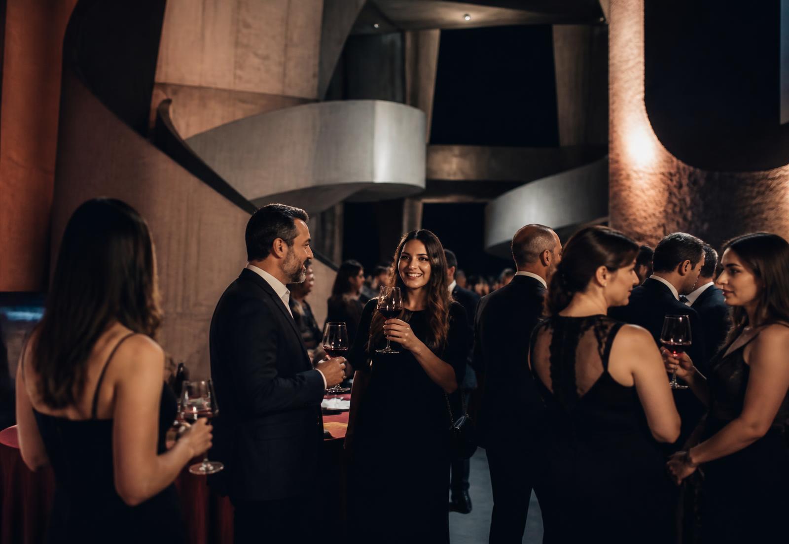 Guests enjoying Vranec at an elegant evening event in Skopje