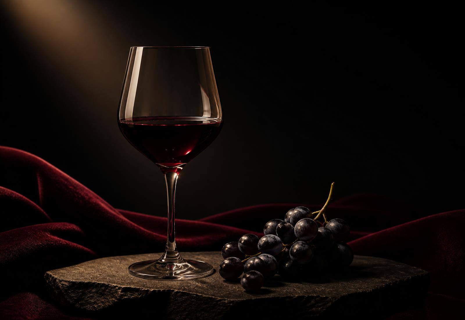 A glass of deep red Vranec with dark grapes on Macedonian stone